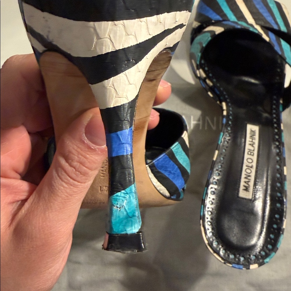 Manolo Blahnik Blue and Black Striped Heels - Picture 6 of 6